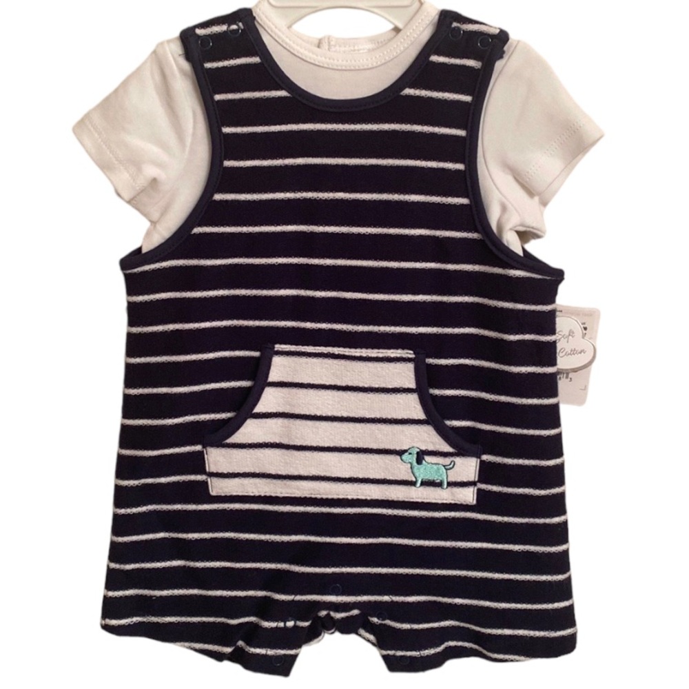 LITTLE ME Boy's Matching 2 Piece White Shirt & Striped Romper Size 6 Months NEW